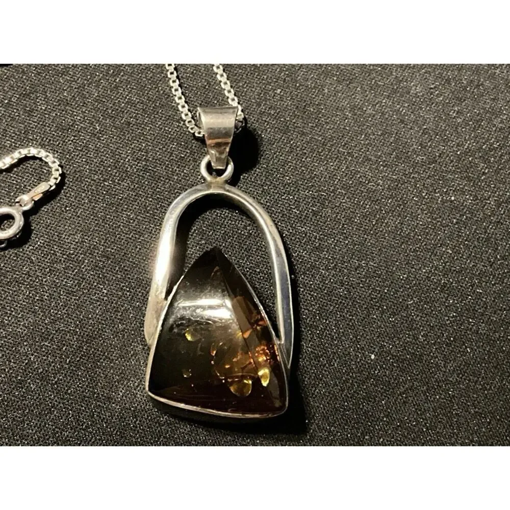 925 Italy Vintage 18in Box Chain Amber Pendant Necklace